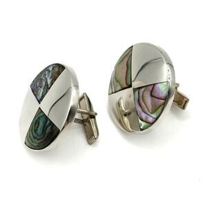 Taxco Sterling Silver Abalone Cufflinks Inlayed Mother of Pearl Round Vintage
